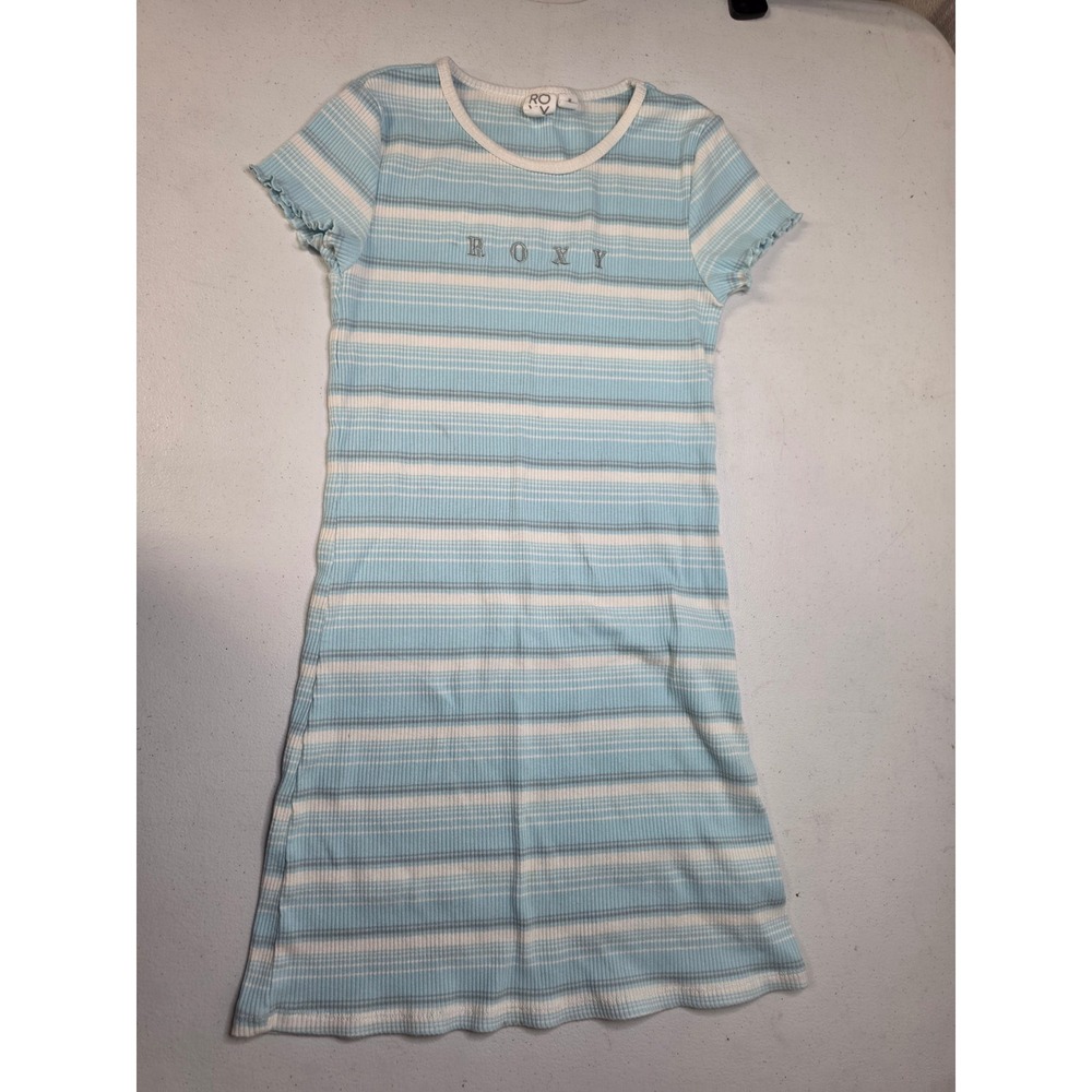 Roxy Girls Blue White Striped Ribbed Knit T-Shirt Dress Glitter Logo Size 10-12
